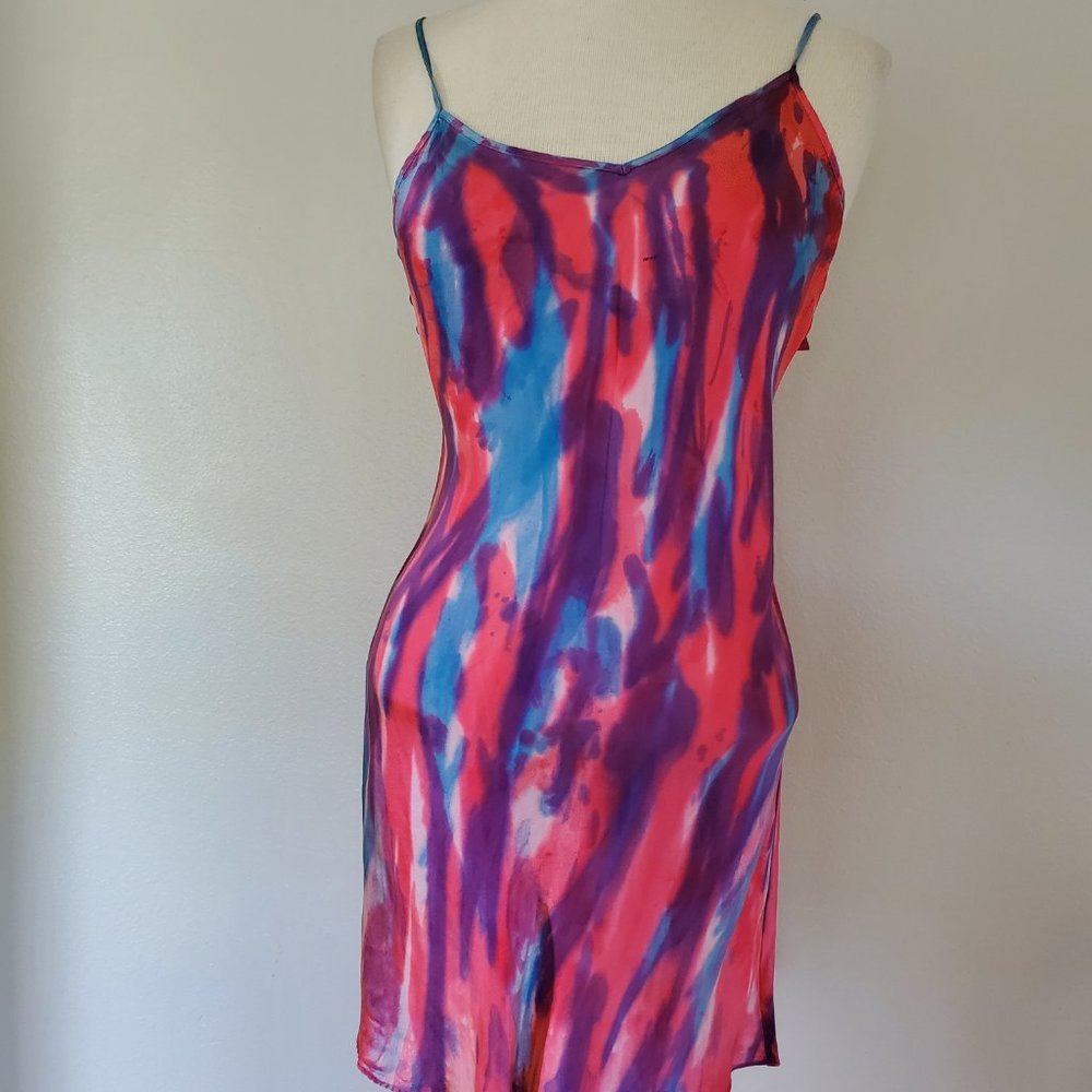 NEW Silk Slip short Dress lingerie red blue pink white purple painted tie dyed - Picture 3 of 6